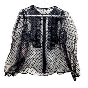 Sheer Black Polka Dot Long Sleeve Blouse With Ruffle Detail Size M